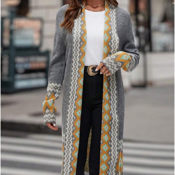 New gray open front geo pattern trim cardigan sweater - Picture 2 of 5